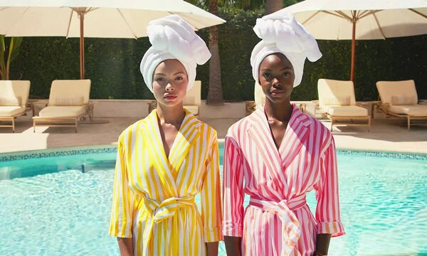 Two fashion models in the pool