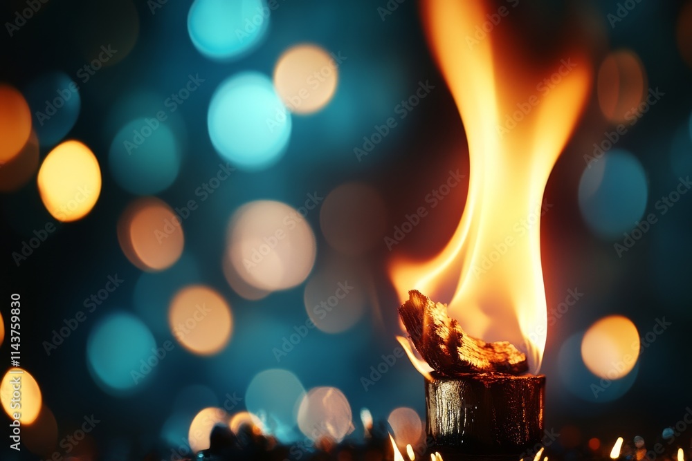 Poster a fiery flame emerges from a small source against a background of captivating bokeh lights, evoking 