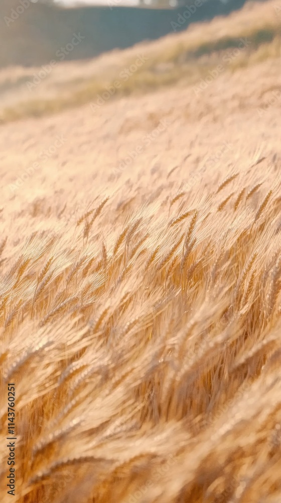 Poster wheat field swaying in gentle breeze under a clear sky during golden hour