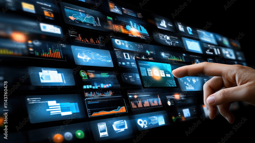 Poster interactive data visualization analysis digital workspace infographics modern technology blur backgr