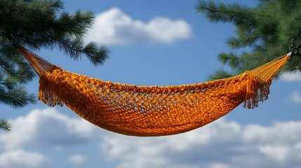 Orange hammock hanging between pine trees under a blue sky.