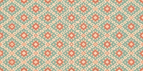Seamless Pastel Geometric Textile Pattern with Intricate Floral and Diamond Motifs