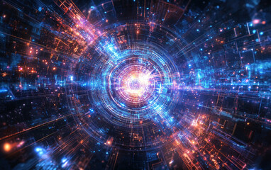 sacred geometry, A futuristic, abstract design featuring a glowing, pulsating AI core at the center of a vast digital landscape. 