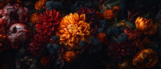 A vibrant arrangement of colorful flowers set against a dark background, showcasing rich textures and deep hues, creating a dramatic visual impact.