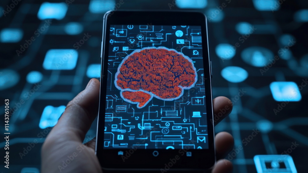 Aufkleber digital brain visualization on smartphone technology hub infographic dark background close-up