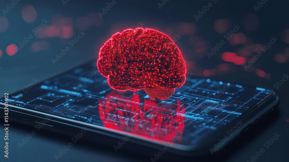 Poster innovative brain technology display on smartphone digital environment futuristic concept