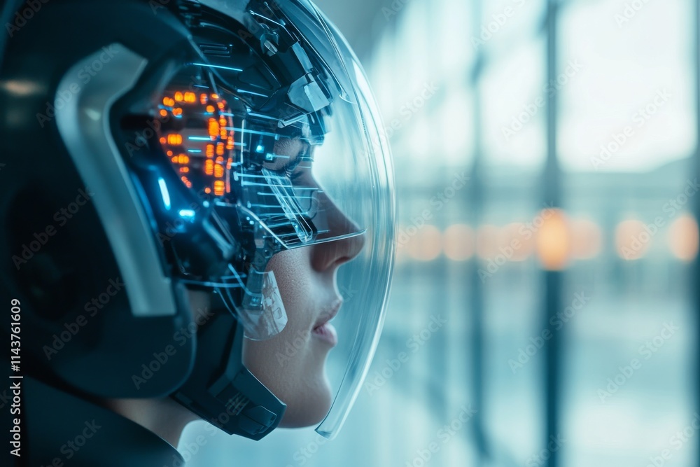 Aufkleber a sleek futuristic helmet with a digital interface showcasing complex technology, reflecting an adva