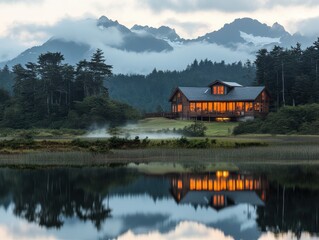 Obraz premium A Cozy Lakeside Cabin Retreat amidst the Tranquil Alaskan Wilderness at Dusk