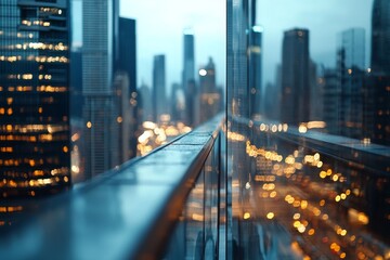 Obraz premium A stunning urban panorama with city lights reflected on a high-rise glass balcony, conveying a sense of modernity and motion in a bustling metropolitan nightscape.