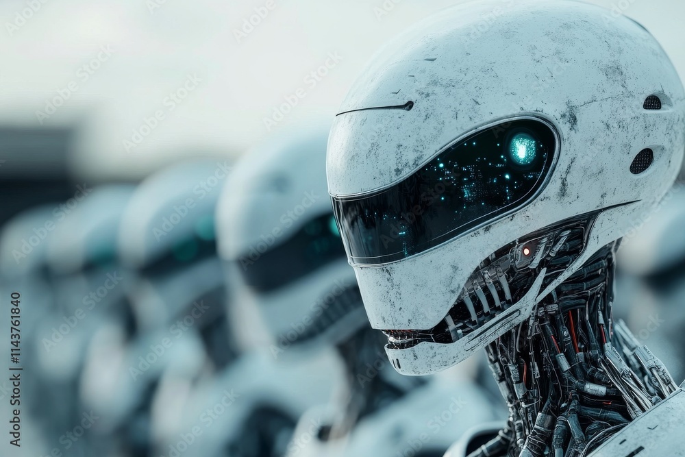 Poster a lineup of futuristic humanoid robots stands at attention, reflecting technological advancement and