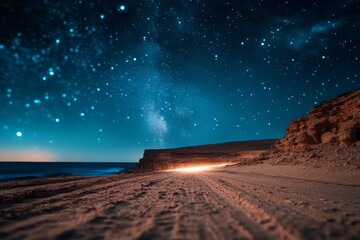 An awe-inspiring desert nightscape under a vast starry sky, featuring illuminated car trails, capturing the majesty of the cosmos and human curiosity to explore.