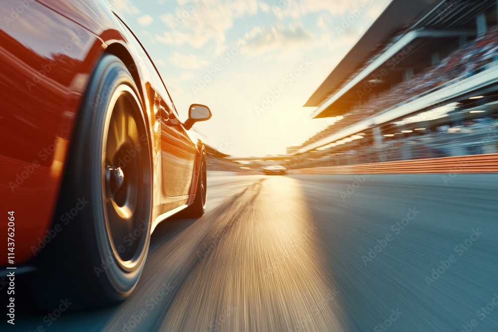 Poster a dynamic and exhilarating view of a race car speeding down a sunlit track, captured with motion blu