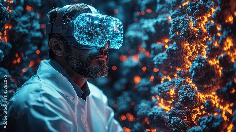 Poster scientist using vr technology in a vibrant environment.
