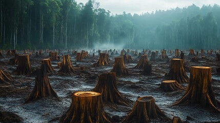 Extensive area of tree stumps left after clear-cut logging in a dense forest region.