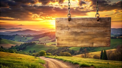 Rustic Wooden Sign Hanging Against a Serene Sunset Landscape Featuring Rolling Hills and a Dirt Road