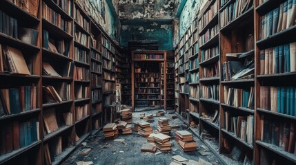 Fototapeta premium Abandoned Library Hallway Filled With Dust Covered Books