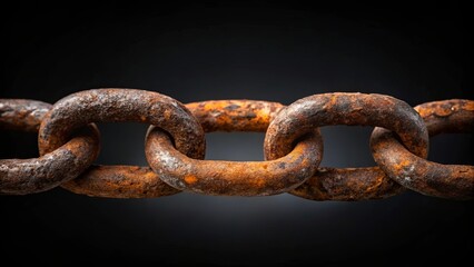 Obraz premium Close-up view of a heavily rusted metal chain, showcasing intricate texture and detail against a dark background
