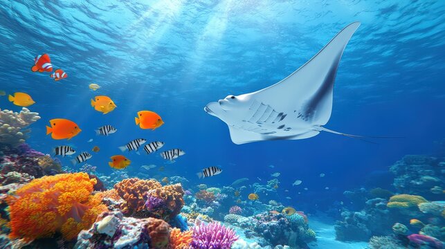 A majestic manta ray gliding over a coral reef, accompanied by small pilot fish.
