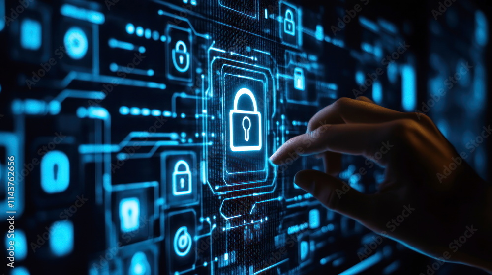 Poster cybersecurity measures and digital protection virtual environment technology concept close-up blur b