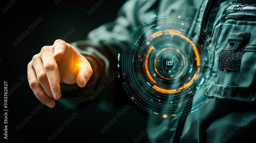 Poster futuristic interactive technology interface demonstration close-up on digital content