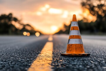 A single traffic cone on an empty road at sunset, symbolizing solitude, direction, and caution in life's journey, emphasizing contrast between nature and human-made objects.