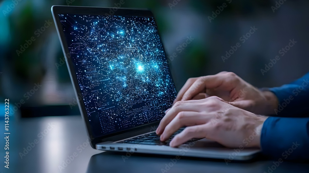 Poster hands typing on laptop with data streams on modern digital display