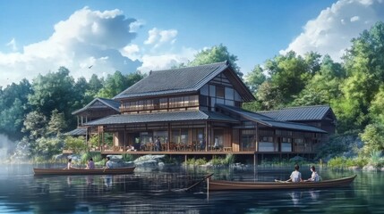 Fototapeta premium Serene lakeside Japanese house with people boating.