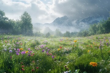 Rain Showers Grace a Vibrant Wildflower Meadow In Mountains
