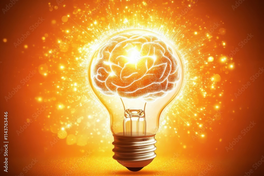 Poster a light bulb with an illuminated glowing brain inside it
