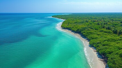 Aerial view of a serene beach and lush coastline.
