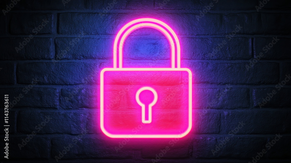 Poster secure your digital future neon lock symbol modern office graphic design dark blur background