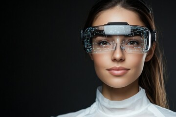 A woman wearing futuristic digital glasses is portrayed in a high-tech setting, suggesting innovation and the intersection of human and technology in a modern context.