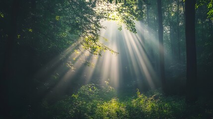 Obraz premium Sunbeams Illuminate a Misty Forest Path