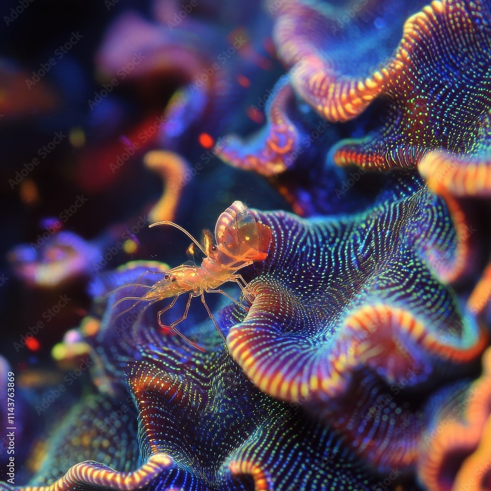 Poster close-up of a vibrant coral reef with a shrimp exploring its colorful surface in warm tropical water