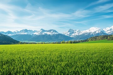 Fototapeta premium Verdant Field Against Majestic Snowcapped Mountains