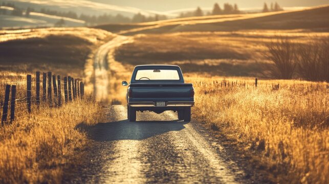 A vintage pickup truck drives down a narrow dirt road surrounded by golden fields during a serene sunset