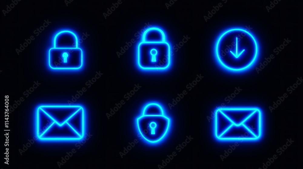 Poster modern secure digital communication icons on dark background – creative tech graphic design blur bac