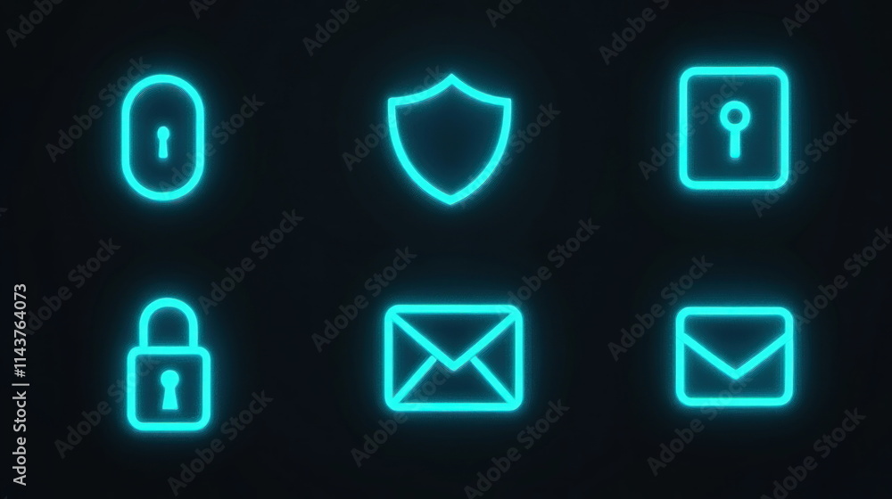 Poster graphic design of digital security icons safeguarding online information on dark blur background