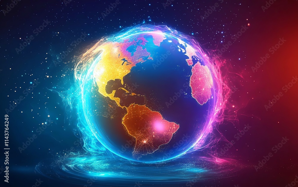 Poster 3d illustration of global business network, interconnected world globe with data transfer lines, rep