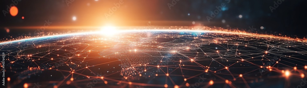 Poster 3d illustration of global business network, interconnected world globe with data transfer lines, rep