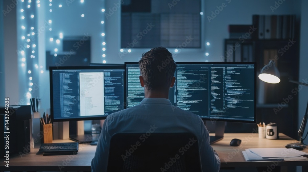 Fototapete A young man programming in an office setting during the evening, focused on multiple displays while surrounded by soft lighting
