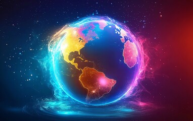 Naklejka premium 3D illustration of global business network, interconnected world globe with data transfer lines, representing worldwide communication and connections, modern and dynamic design