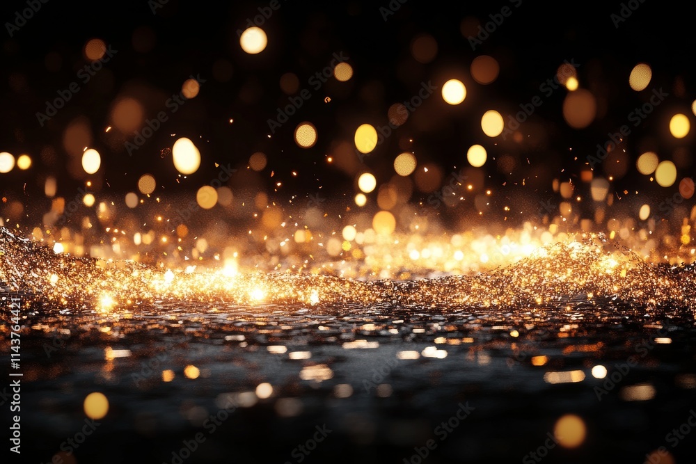 Poster a mesmerizing abstract image showcasing a wave of sparkling golden bokeh lights, set against a dark 