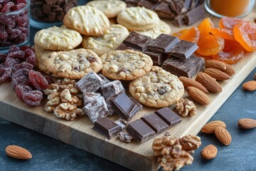 Fototapeta premium Assorted Cookies Chocolate Nuts and Dried Fruit on Wood Board