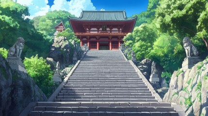 Fototapeta premium Serene mountain temple with long staircase, lush greenery, and stone lion statues.