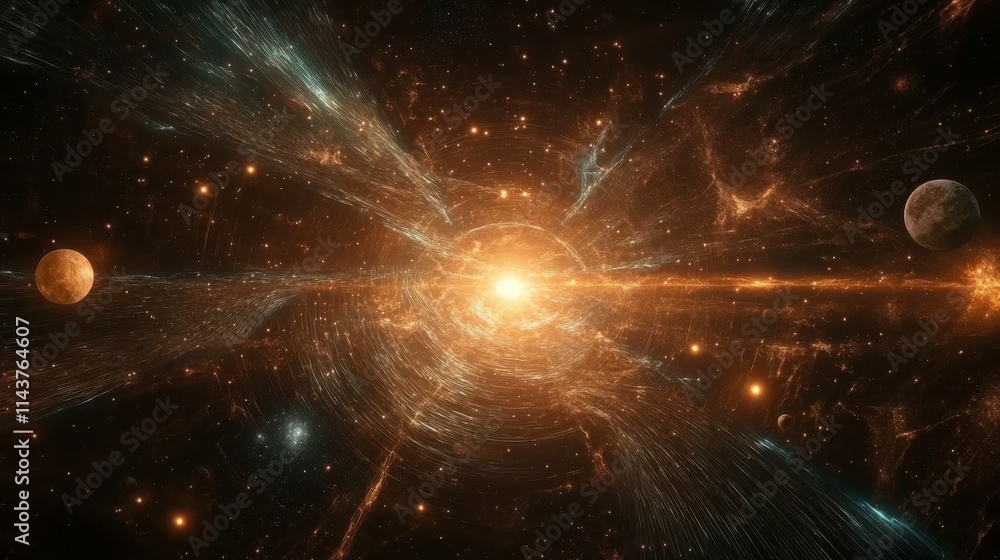 Poster a wide-angle view of a vibrant energy field in a cosmic setting with planets illuminating the surrou