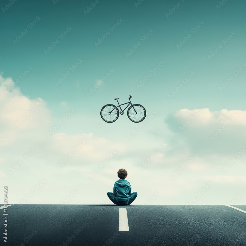 Poster a dreamlike scene of a child sitting on a road gazing at a floating bicycle in a surreal sky with so