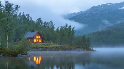 Fototapeta premium Secluded Lakeside Cabin Retreat in the Misty Norwegian Mountains at Dusk