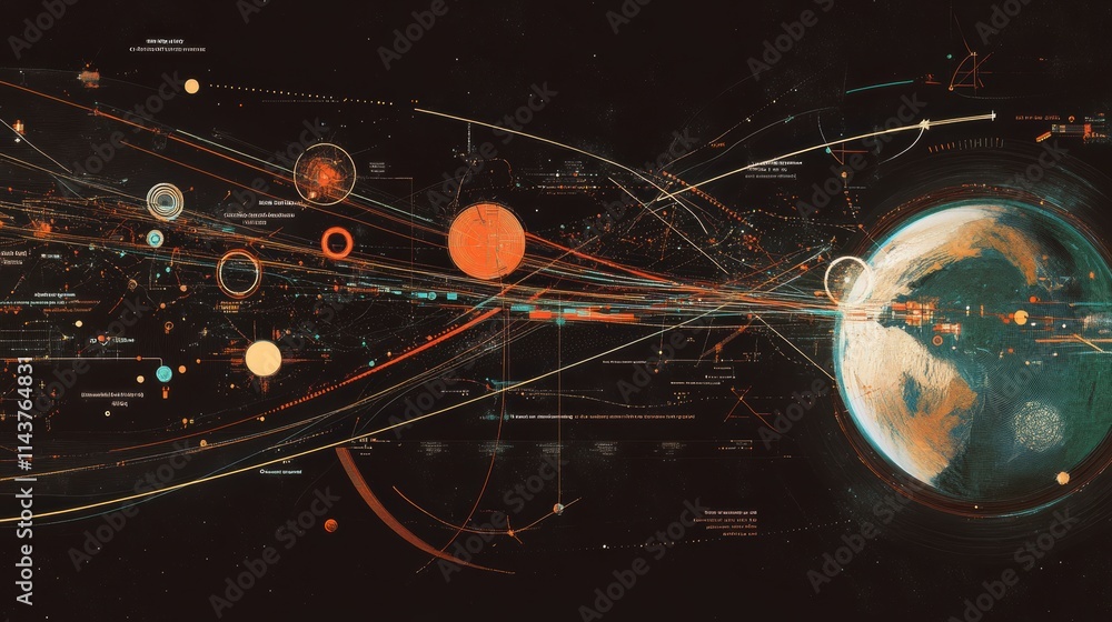 Poster a detailed diagram illustrating the orbits of celestial bodies in our solar system with a focus on e