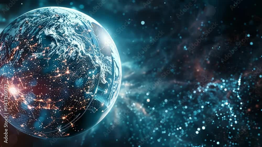 Poster planet earth is rotating in space with futuristic connections and data transfer, representing global